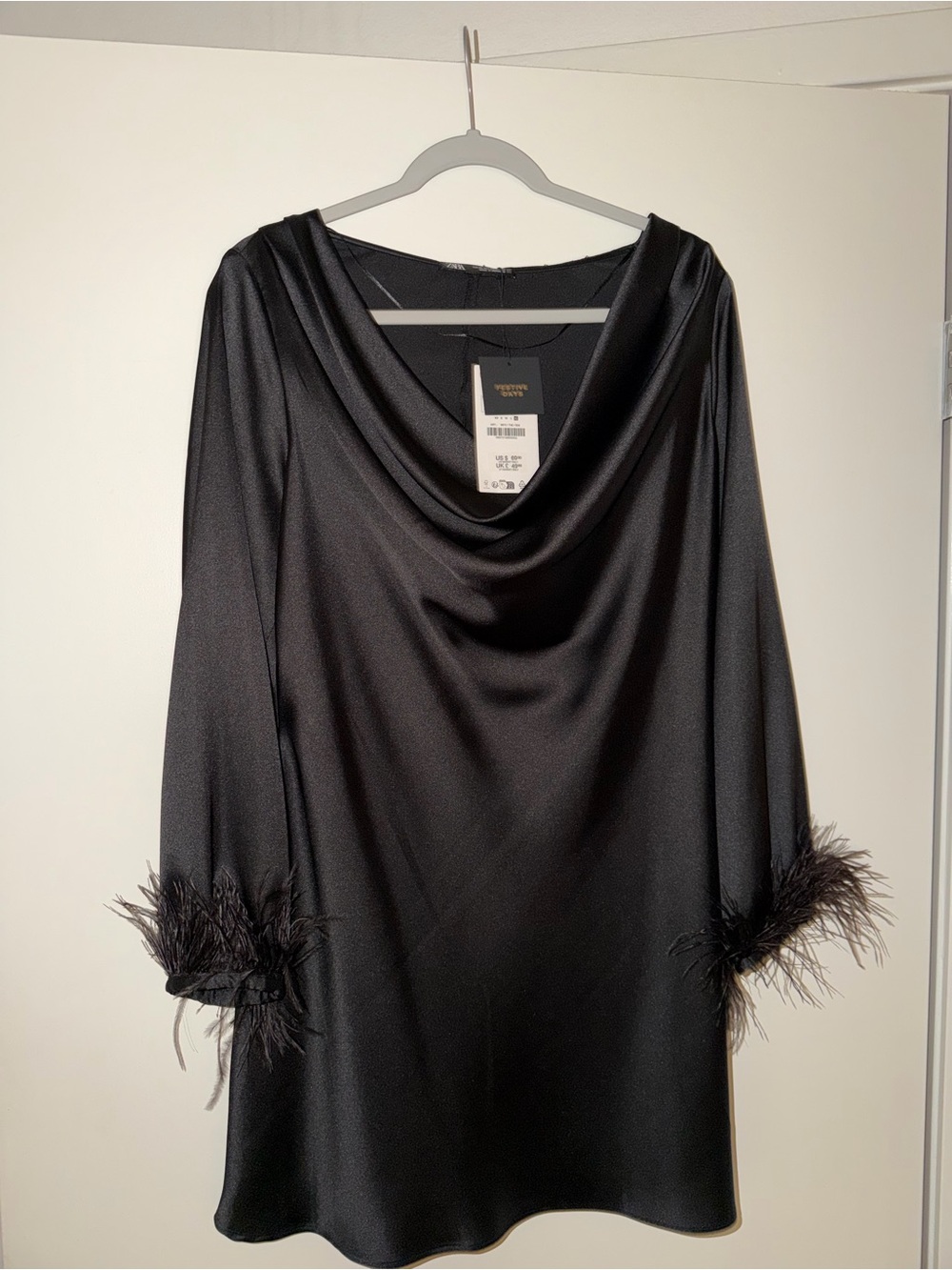 Zara Satin Black Cowl Neck Dress with Feather Cuffs